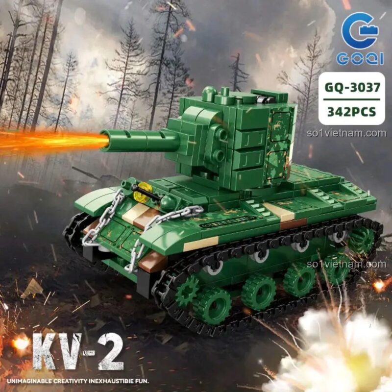 Bộ đồ chơi lắp ghép xe tăng KV-2 GOQI GQ-3037, mô hình xe tăng quân sự bắn đạn nhựa, tháp pháo xoay, phù hợp cho bé trai 6 tuổi, giá tốt