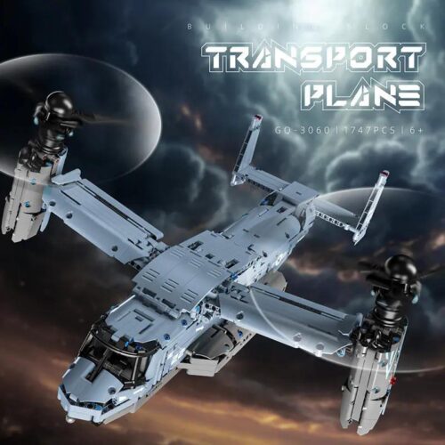 Ảnh tổng thể bộ lắp ráp GOQI GQ-3060 Máy bay V-22 Osprey với 1747 chi tiết. Món đồ chơi mô hình giá rẻ dành cho con trai trên 6 tuổi, thể hiện máy bay ở chế độ bay ngang.