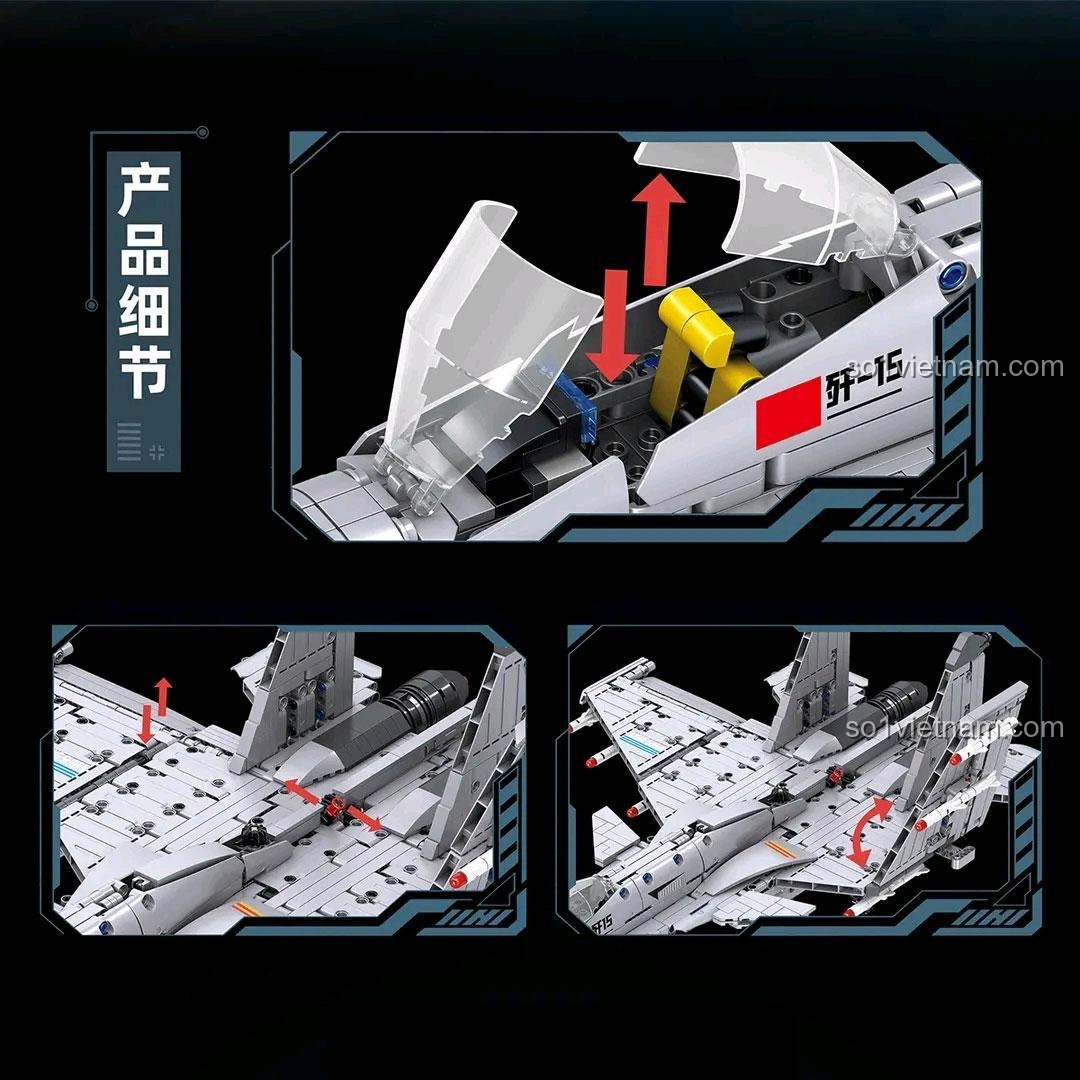 Chi tiết buồng lái mở và cánh điều chỉnh của bộ lắp ghép Tiêm kích J-15 GOQI GQ-3608, đồ chơi mô hình máy bay chiến đấu