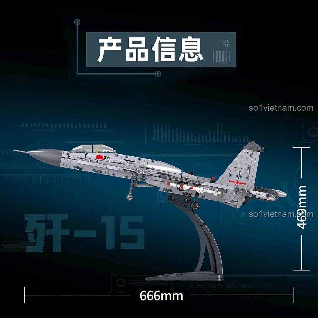 Kích thước mô hình Tiêm kích J-15 GOQI GQ-3608 dài 66.6cm, cao 46.9cm, đồ chơi mô hình máy bay quân sự