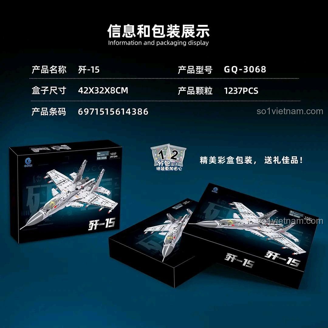 Thông tin đóng gói bộ lắp ghép Tiêm kích J-15 GOQI GQ-3608, hộp quà tặng đồ chơi mô hình máy bay chiến đấu