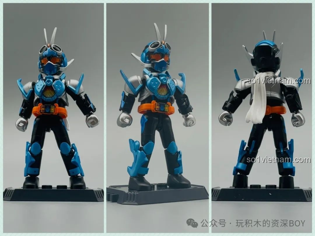 Các tư thế chiến đấu của mô hình Kamen Rider Gotchard SteamHopper BLOKEES, thể hiện độ linh hoạt.