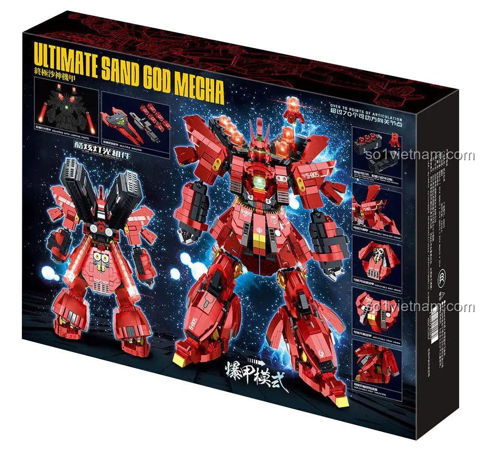 Hộp sản phẩm Ultimate Sand God Mecha của Guan Ji, hiển thị các chi tiết lắp ráp và chế độ của robot, 2598 mảnh ghép, đồ chơi giáo dục cho bé trai