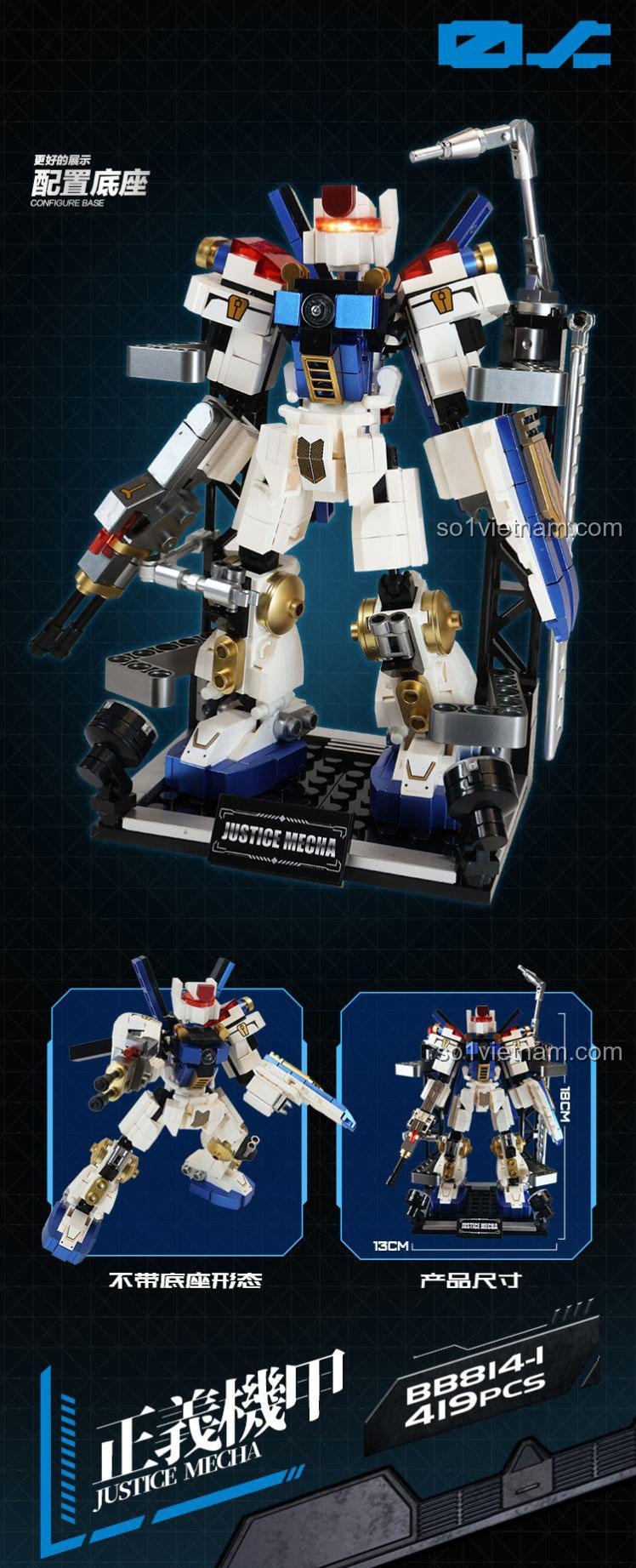 Bộ lắp ghép Robot biến hình Justice Mecha BB814-1, đồ chơi mô hình 419 chi tiết, đa khớp nối linh hoạt, cho bé trai 6 tuổi, giá trị cao.
