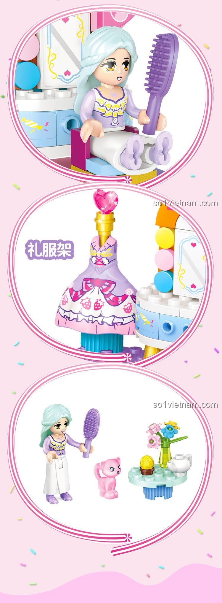 Búp bê và bàn trà trong bộ lắp ghép GUDI 30005D