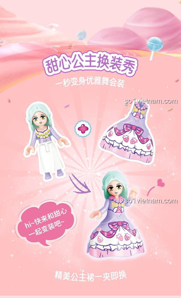 Chi tiết bộ đồ chơi GUDI 30008 Công chúa Candy: Xe ngựa công chúa với bánh xe lăn