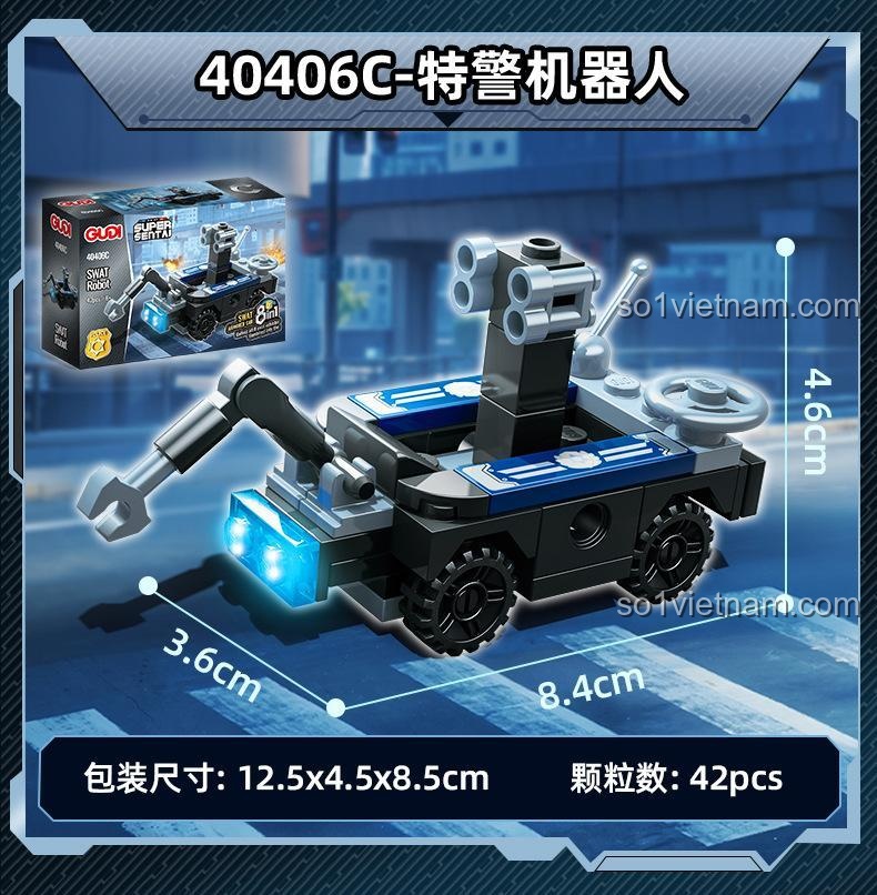 GUDI 40406 Bộ đồ chơi xe bọc thép chống bạo động 8 trong 1, mô hình xe cảnh sát, SWAT, robot, trực thăng, xe máy, xe vận tải, xe tuần tra, xe chơi game, đồ chơi lắp ghép cho bé trai 6 tuổi, tiết kiệm