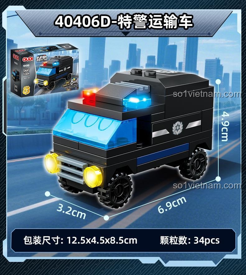 GUDI 40406 Bộ đồ chơi xe bọc thép chống bạo động 8 trong 1, mô hình xe cảnh sát, SWAT, robot, trực thăng, xe máy, xe vận tải, xe tuần tra, xe chơi game, đồ chơi lắp ghép cho bé trai 6 tuổi, đáng tiền