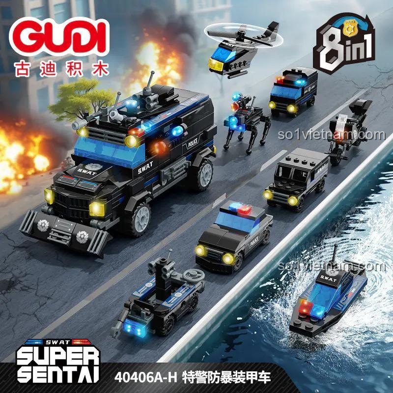 GUDI 40406 Bộ đồ chơi xe bọc thép chống bạo động 8 trong 1, mô hình xe cảnh sát, SWAT, robot, trực thăng, xe máy, xe vận tải, xe tuần tra, xe chơi game, đồ chơi lắp ghép cho bé trai 6 tuổi, giá tốt