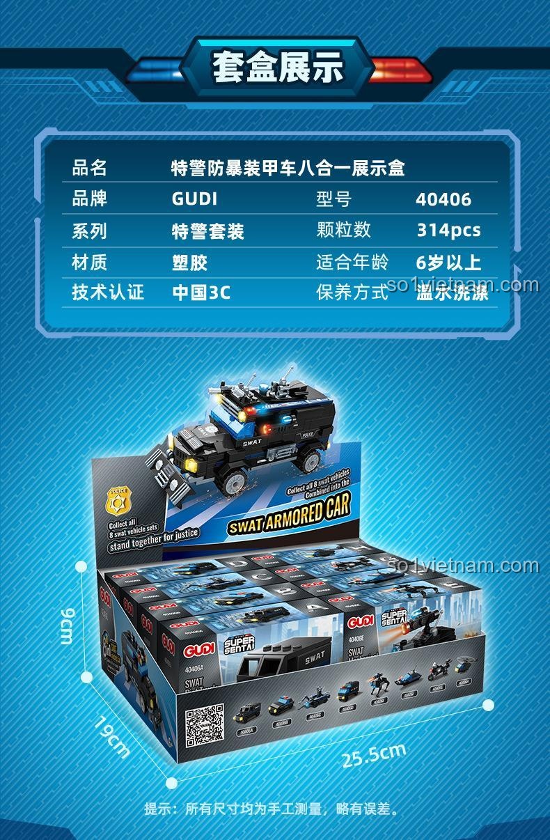 GUDI 40406 Bộ đồ chơi xe bọc thép chống bạo động 8 trong 1, mô hình xe cảnh sát, SWAT, robot, trực thăng, xe máy, xe vận tải, xe tuần tra, xe chơi game, đồ chơi lắp ghép cho bé trai 6 tuổi, tiết kiệm