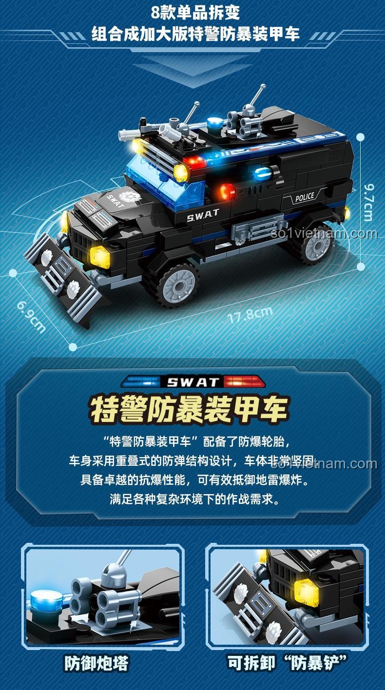 GUDI 40406 Bộ đồ chơi xe bọc thép chống bạo động 8 trong 1, mô hình xe cảnh sát, SWAT, robot, trực thăng, xe máy, xe vận tải, xe tuần tra, xe chơi game, đồ chơi lắp ghép cho bé trai 6 tuổi, chất lượng tốt