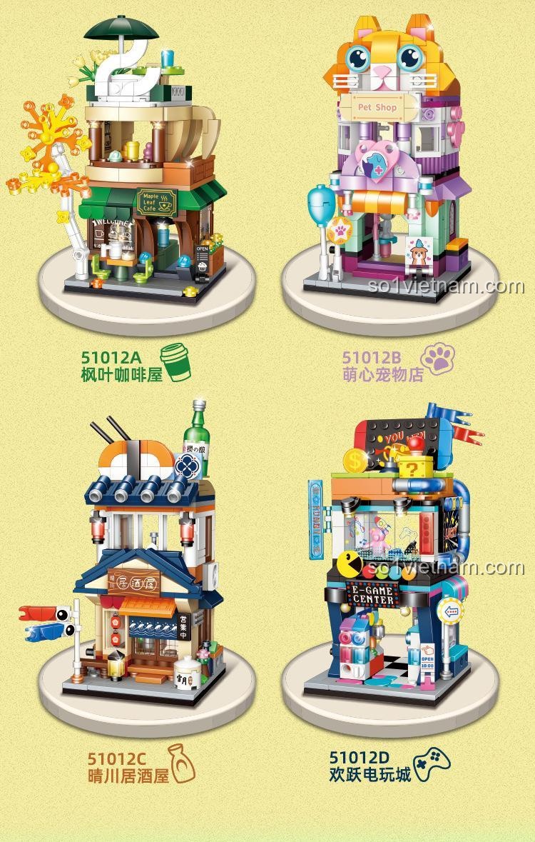 Bộ lắp ghép GUDI 51012C Quán Rượu Izakaya Thanh Xuyên cùng 3 mẫu khác trong series Fantasy Street, đồ chơi mô hình Kiến trúc Nhật Bản cho bé trai và bé gái 6 tuổi, giá hời.
