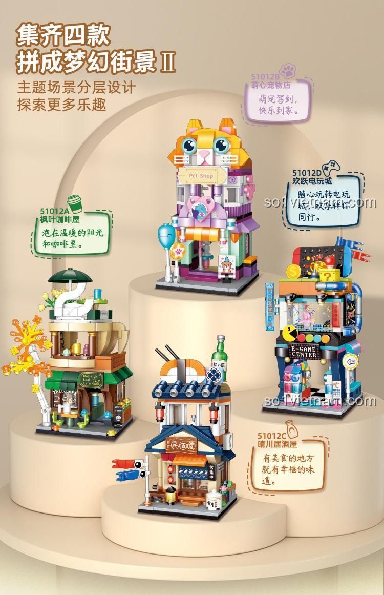 Các mẫu trong series GUDI Fantasy Street, bao gồm bộ lắp ghép 51012C Quán Rượu Izakaya Thanh Xuyên, đồ chơi mô hình Cửa hàng phong cách Nhật Bản cho bé 6 tuổi, giá đáng tiền.