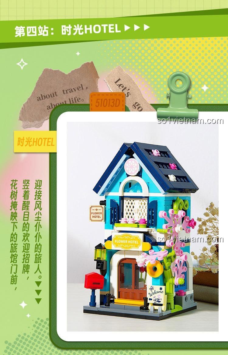Bộ khối lắp ghép 51013B GUDI, mô hình Khách sạn 51013D, thiết kế độc đáo, cho bé gái 6 tuổi.