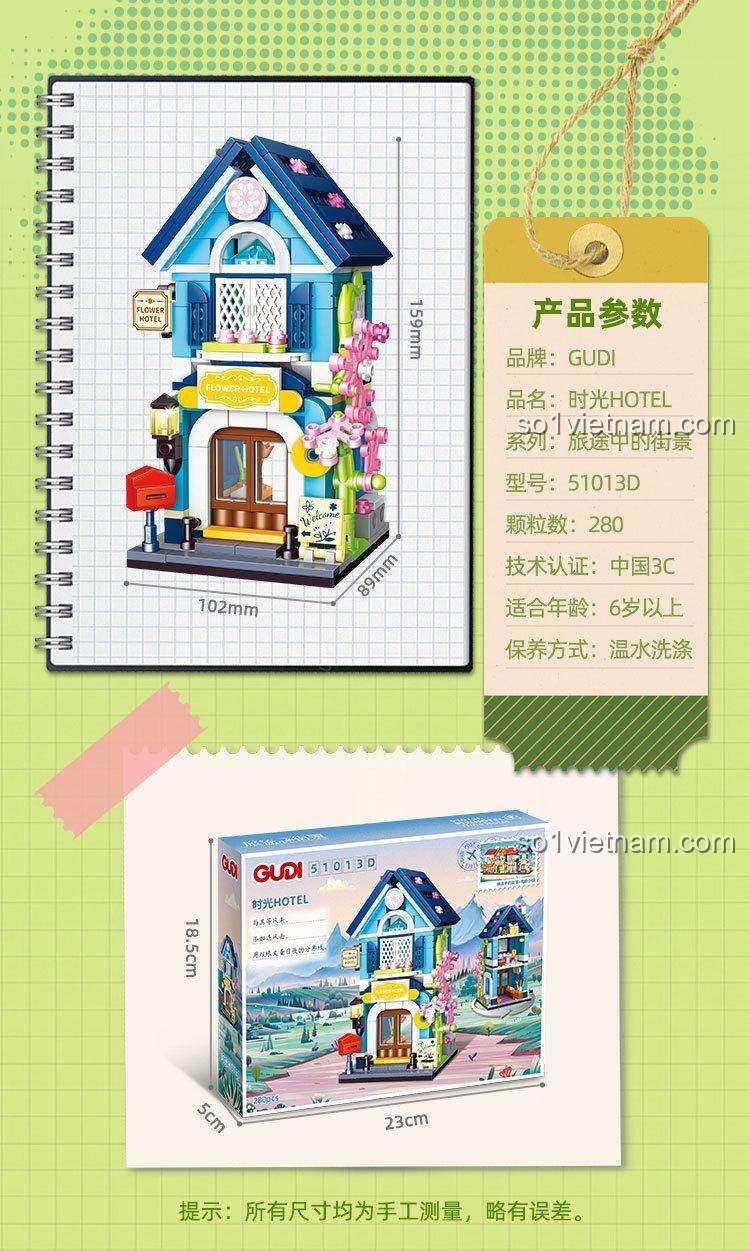 Bộ lắp ghép Phố cảnh quan GUDI 51013, kích thước mô hình Khách sạn 51013D, đồ chơi chất lượng cao, giá rẻ.