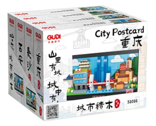 Bộ lắp ghép GUDI 51016 Bưu Thiếp Thành Phố, hộp sản phẩm tổng quan, mô tả 4 mẫu kiến trúc tinh xảo, đồ chơi mô hình GUDI giá rẻ cho bé trai 6 tuổi