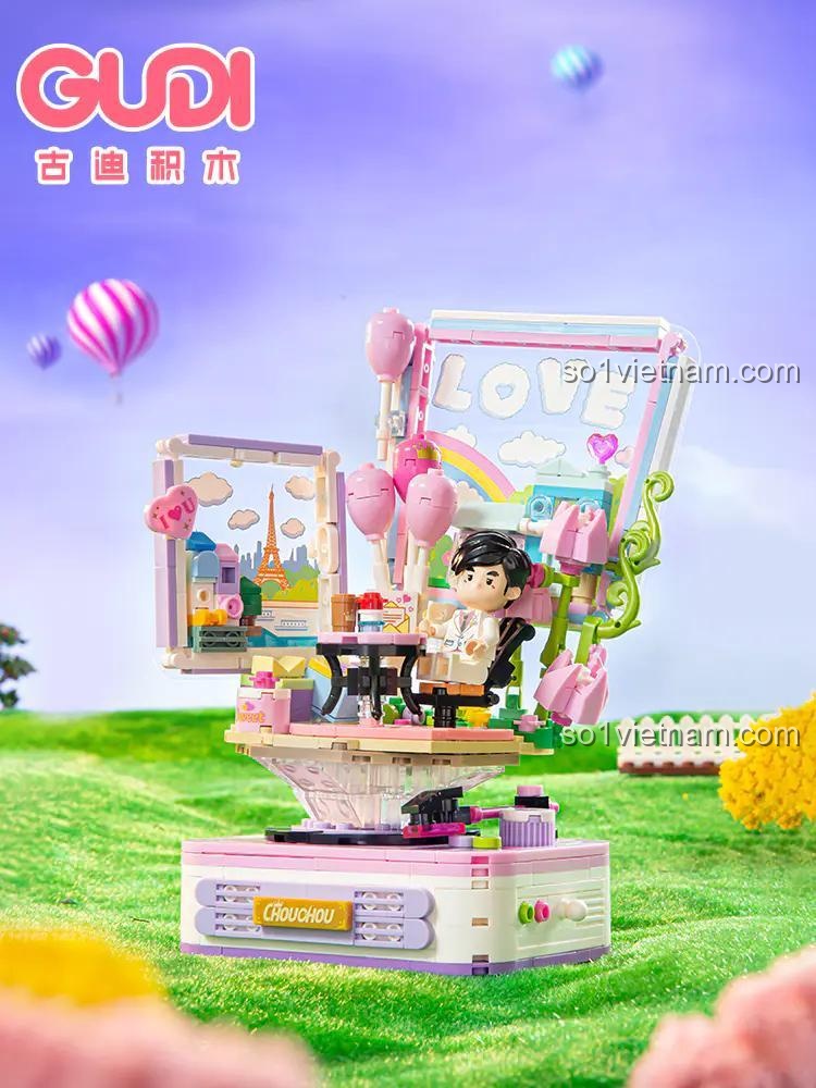 Mô hình Chouchou Lời tỏ tình lãng mạn GUDI 52101 ngoài trời, bộ lắp ghép tình yêu ngọt ngào cho bé gái 10 tuổi, có đèn LED và hộp nhạc xoay, giá tốt