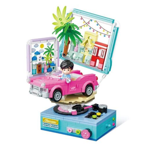 GUDI 52102 Chouchou - Du ngoạn bờ biển: Bộ lắp ghép xe hơi mui trần màu hồng cổ điển, có minifigure, đèn LED, mô hình xoay tròn, hộp đựng đồ, đồ chơi sáng tạo cho bé gái 10 tuổi