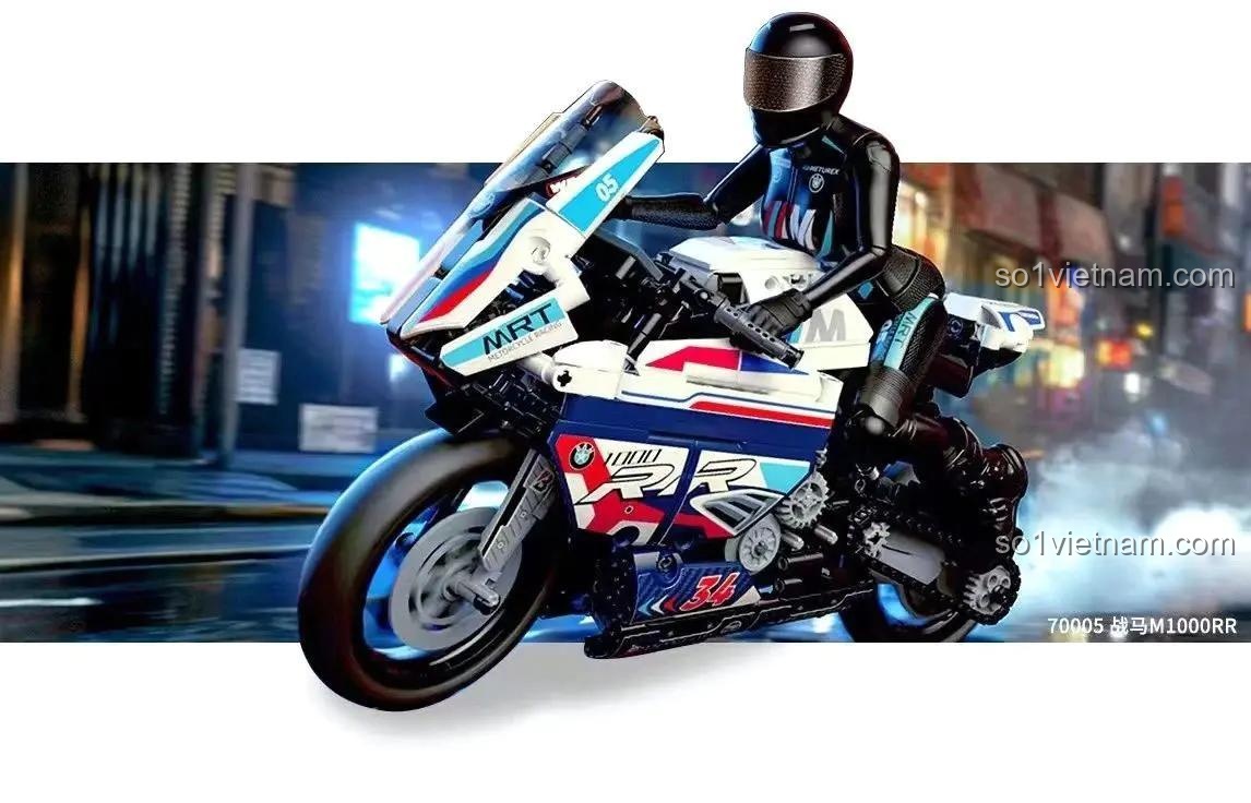Bộ lắp ghép xe mô tô đua BMW M1000RR GUDI 70005, chi tiết kỹ thuật, bánh xe xoay, người mẫu đi kèm, 901 mảnh ghép, độ tuổi 10+