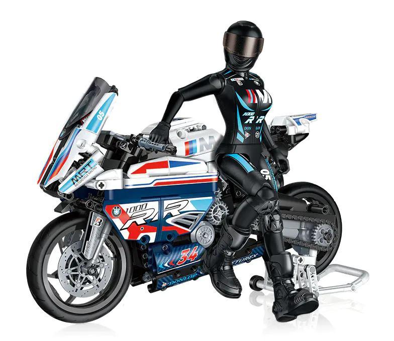 Mô hình xe mô tô đua BMW M1000RR GUDI 70005 với người mẫu ngồi trên xe, chi tiết chân thực, màu sắc nổi bật, độ tuổi 10+