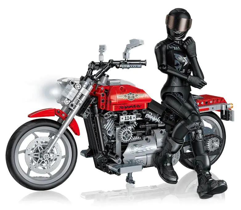 Mô hình xe máy Road Buster 114 màu đỏ và đen với figure người lái, bộ đồ chơi lắp ghép Technic 896 chi tiết