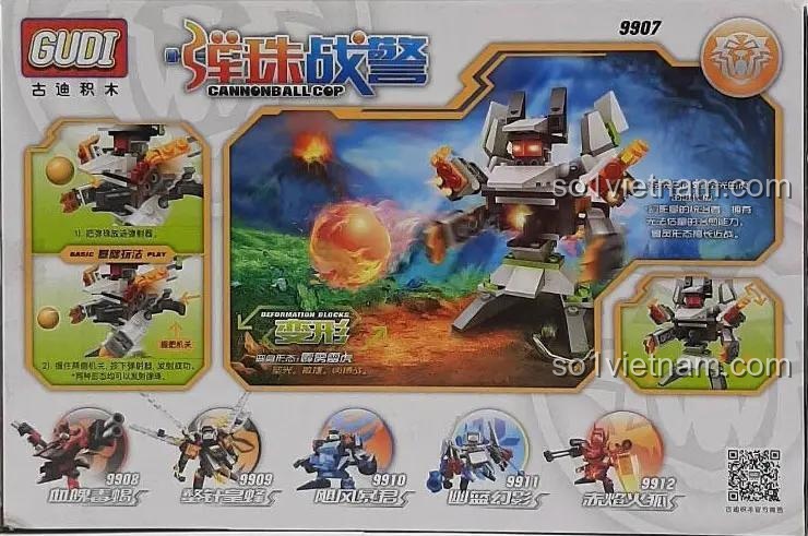 Mặt sau hộp đồ chơi xây dựng GUDI-9907 Robot Chiến Binh Biến Hình Thánh Hổ S với tính năng phóng đạn
