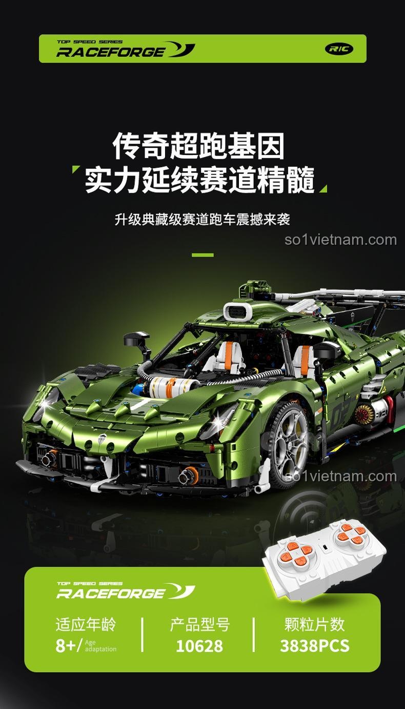 Bộ lắp ráp siêu xe Koenigsegg GULY 10628, đồ chơi STEM cho bé 8 tuổi, 3838 chi tiết, tỉ lệ 1:8, có điều khiển từ xa RC