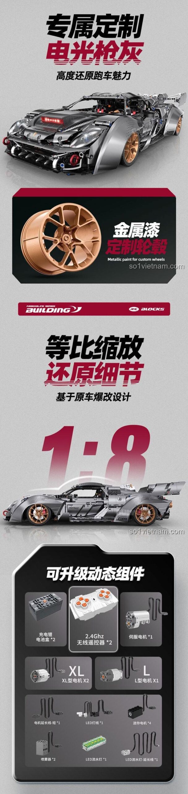 Mặt sau của mô hình siêu xe Porsche 918 GULY 10629, với cánh gió và đèn hậu