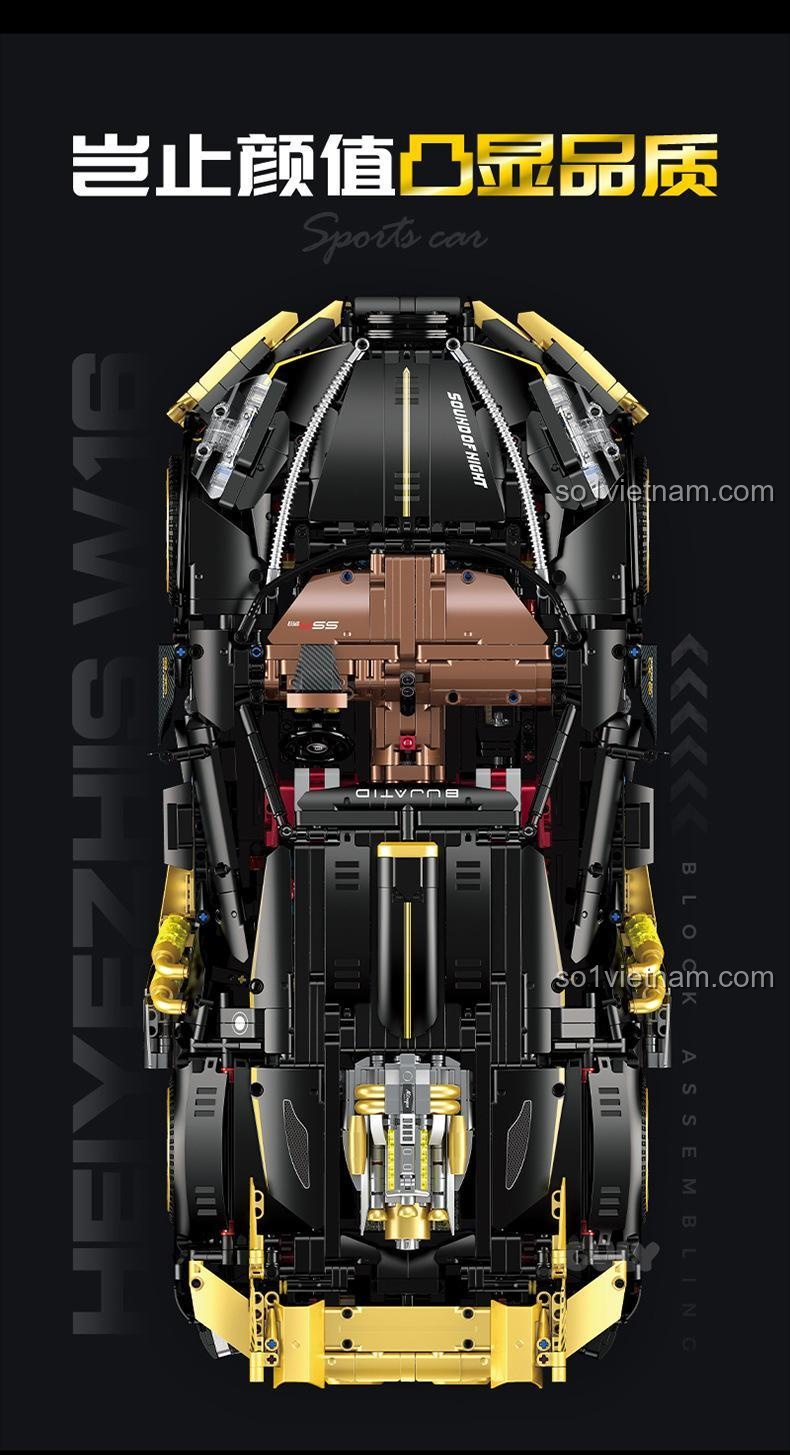 Cận cảnh bộ lắp ghép Bugatti Dark Night Sound Sports Car GULY 10631, đồ chơi mô hình xe hơi tỉ lệ 1:8, 4368 mảnh ghép, màu đen vàng