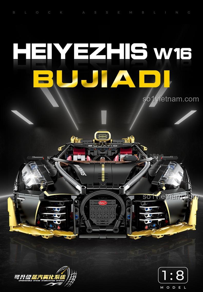Mặt trước của bộ lắp ghép Bugatti Dark Night Sound Sports Car GULY 10631, đồ chơi mô hình xe hơi tỉ lệ 1:8, 4368 mảnh ghép, có đèn LED