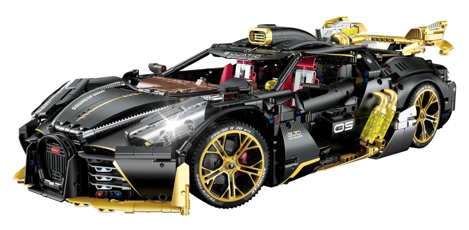 Mô hình siêu xe Bugatti Dark Night Sound Sports Car tỉ lệ 1:8, bộ lắp ghép GULY 10631, đồ chơi xe hơi cho bé trai 8 tuổi, có đèn LED, phun sương, điều khiển từ xa, 4368 mảnh ghép