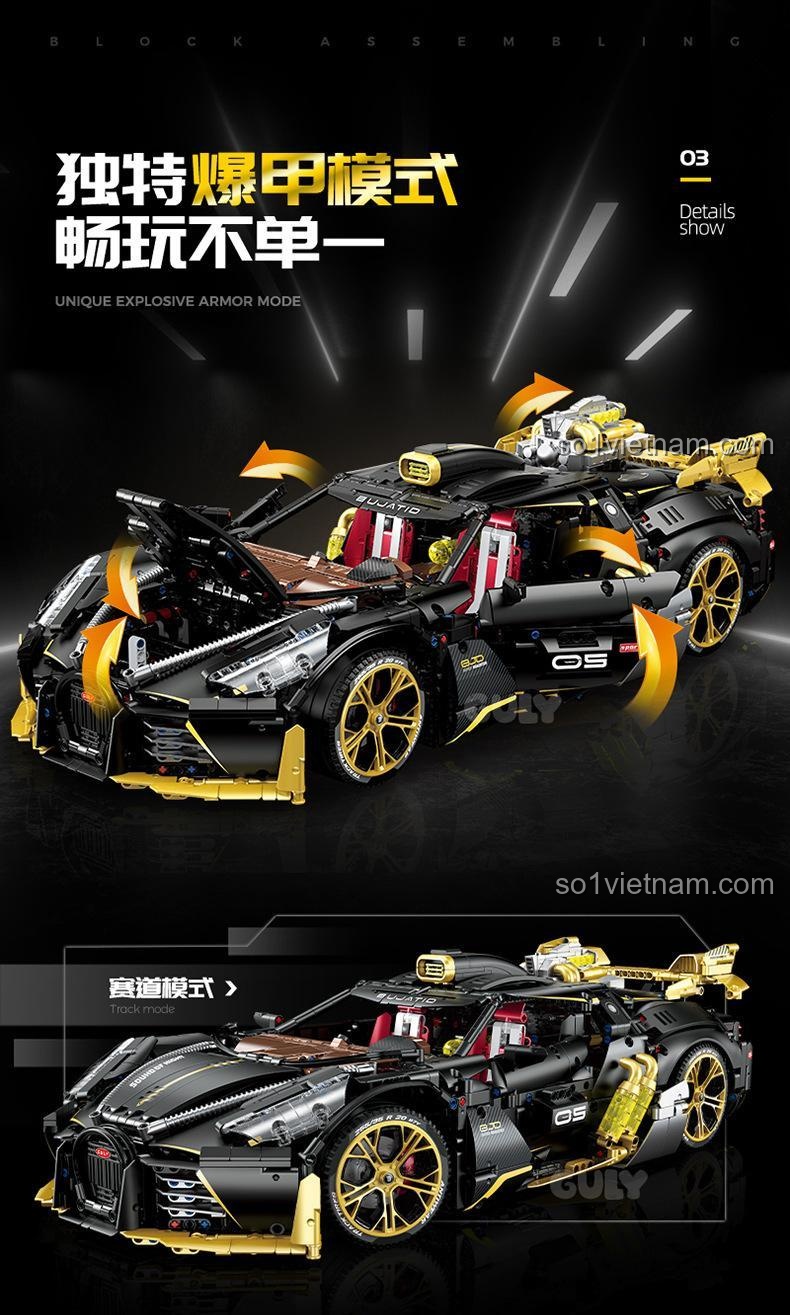 Nội thất chi tiết của bộ lắp ghép Bugatti Dark Night Sound Sports Car GULY 10631, đồ chơi mô hình xe hơi tỉ lệ 1:8, 4368 mảnh ghép
