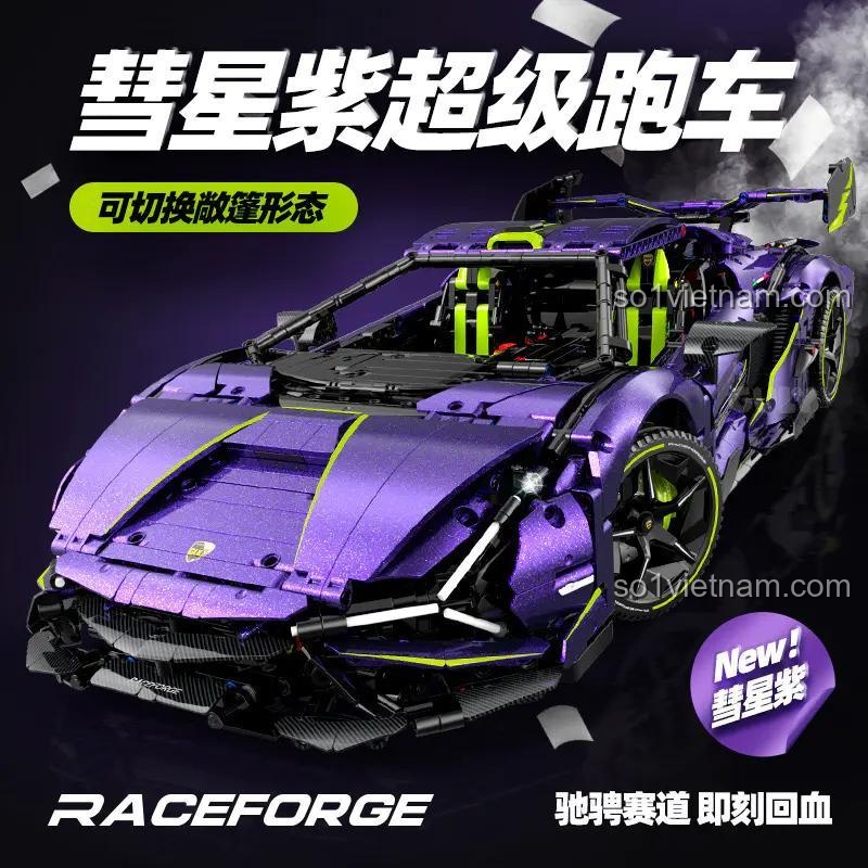 Thiết kế độc đáo màu tím lấp lánh của bộ lắp ghép Lamborghini Purple Bull Supercar GULY 10635, đồ chơi xe đua tỉ lệ 1:8