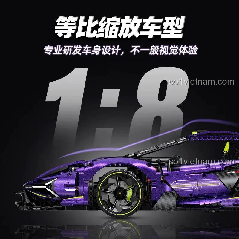 Tỉ lệ 1:8 của bộ lắp ghép Lamborghini Purple Bull Supercar GULY 10635, đồ chơi xe đua điều khiển từ xa
