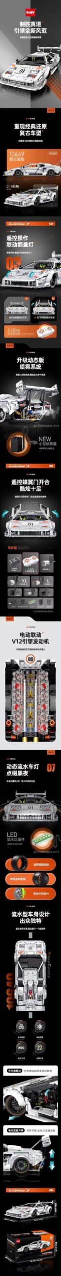 Chi tiết mô hình Lamborghini LP5000, bộ lắp ghép GULY 10649 tỉ lệ 1:8, đồ chơi xe mô hình cho bé trai 8 tuổi