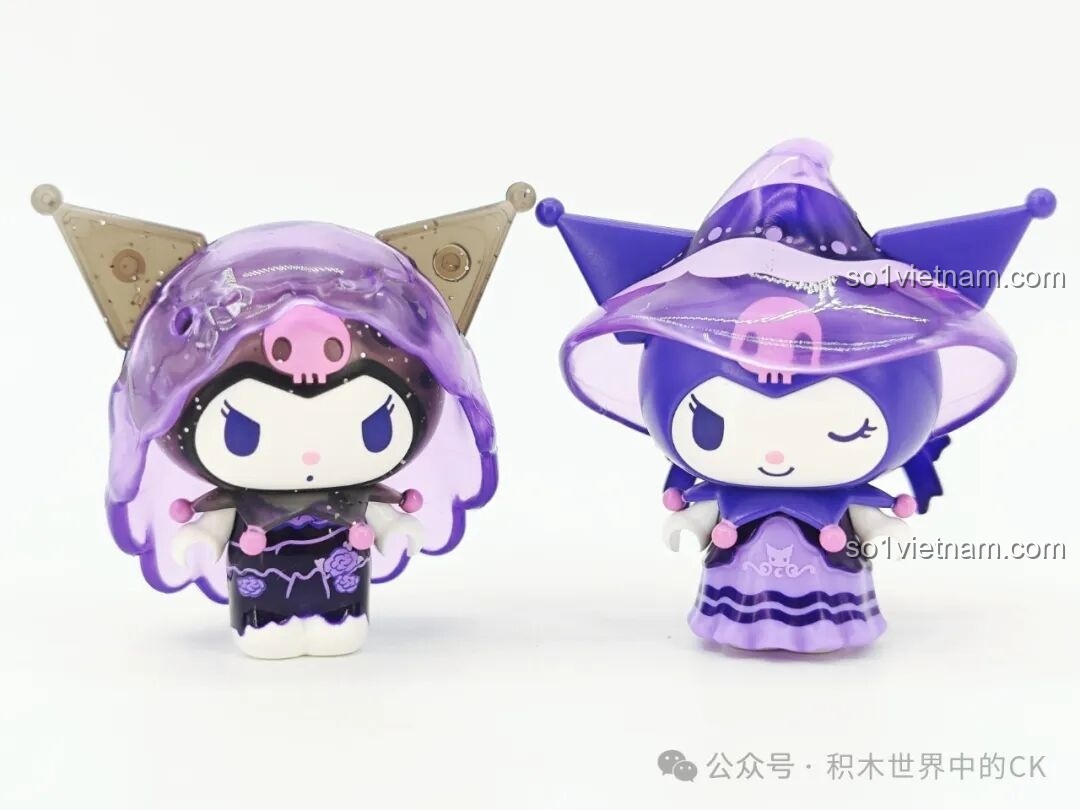 Cận cảnh hai minifigure Tử Mân Côi Kuromi và Minh Nguyệt Kuromi trong bộ lắp ghép Kuromi's Purple Crystal Castle.