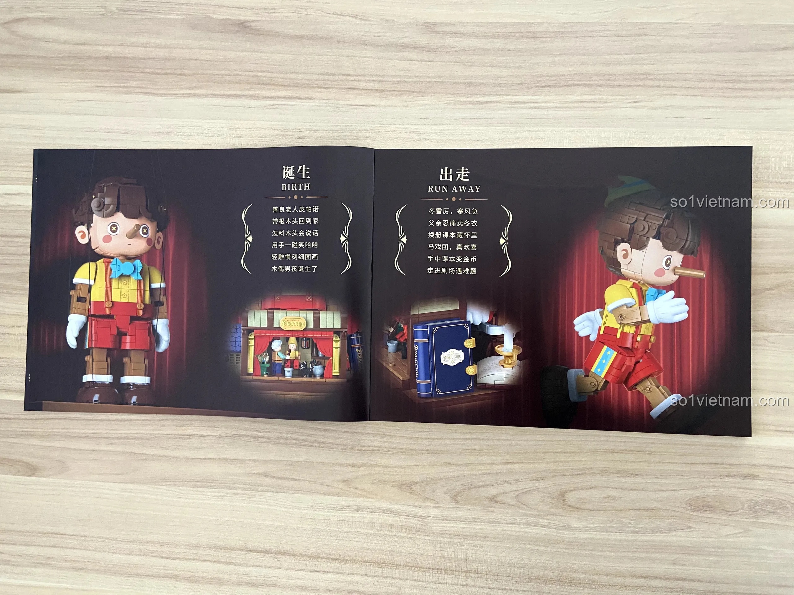 Hình ảnh minh họa hành trình Pinocchio từ lúc ra đời đến khi bỏ nhà đi trong sách hướng dẫn Wekki 6186.