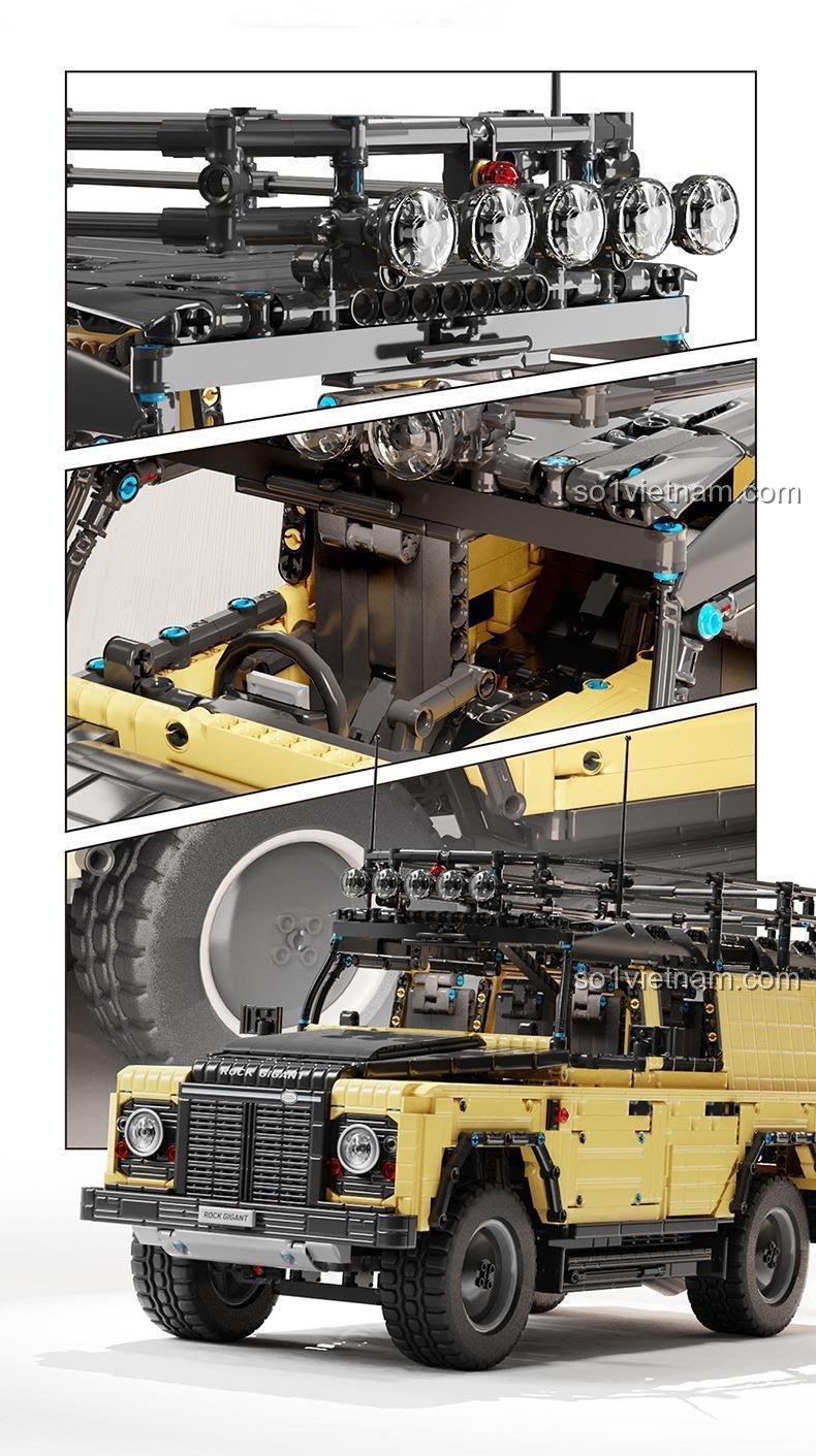 Cận cảnh các chi tiết của Xe SUV Land Rover Defender Happy Build: dàn đèn trợ sáng, vô lăng và nội thất, bánh xe địa hình gai góc.