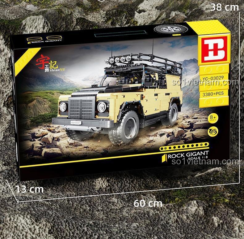 Ảnh thể hiện kích thước hộp của Huyền thoại off-road Land Rover Defender 23029 là 60cm x 38cm x 13cm.