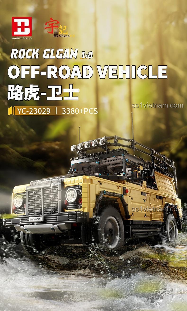 Poster quảng cáo bộ xếp hình Happy Build YC-23029, mô hình Land Rover Defender đang vượt địa hình thác nước, thể hiện sự mạnh mẽ và chi tiết.