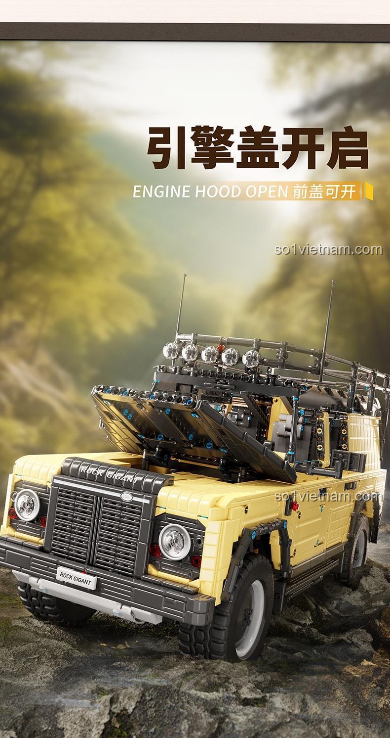 Các chi tiết kỹ thuật của bộ xếp hình Happy Build 23029: hệ thống treo, thang leo bên hông và dàn đèn trên nóc xe.