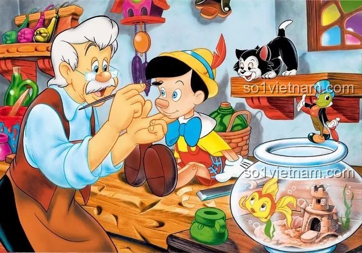 Hình ảnh minh họa chú bé Pinocchio và Thợ mộc Geppetto trong xưởng, tái hiện câu chuyện cổ tích quen thuộc.