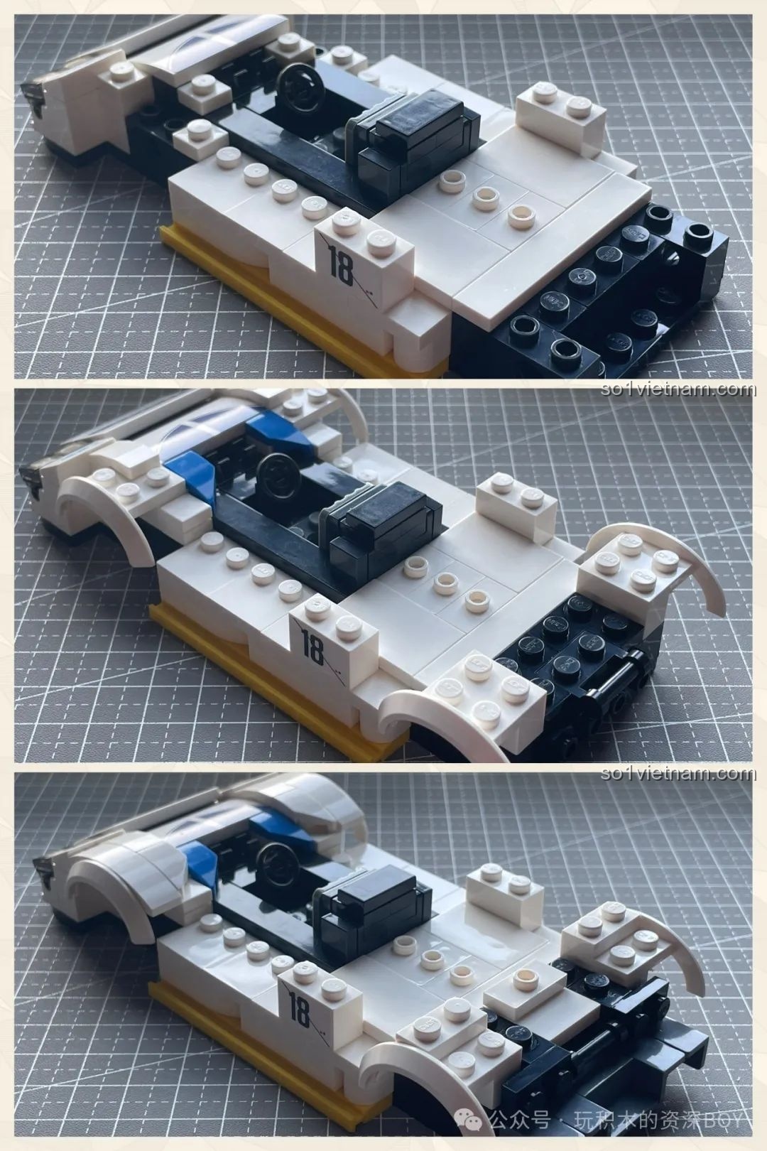 Khung xe của bộ CaDA C55029 Mazda 787B gần hoàn thiện, các chi tiết được lắp ghép chắc chắn.