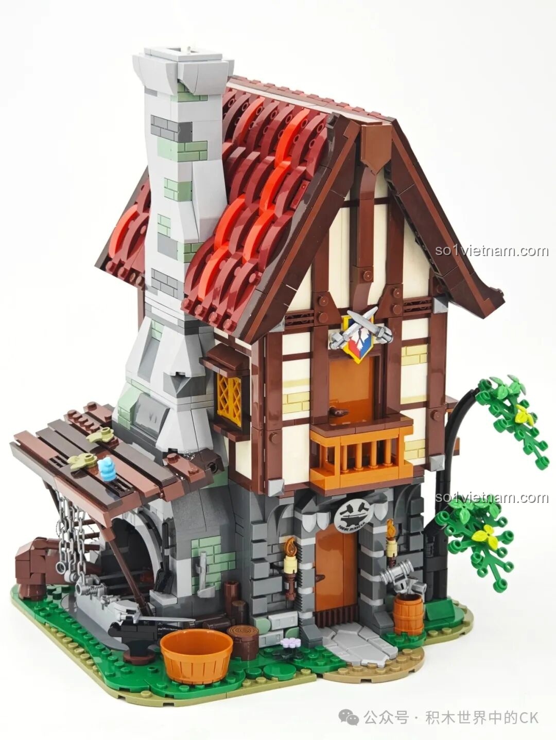 Hoàn thiện phần mái nhà màu đỏ của bộ lắp ghép Funwhole F9040, sử dụng kỹ thuật xếp lớp tạo hiệu ứng ngói đẹp mắt.