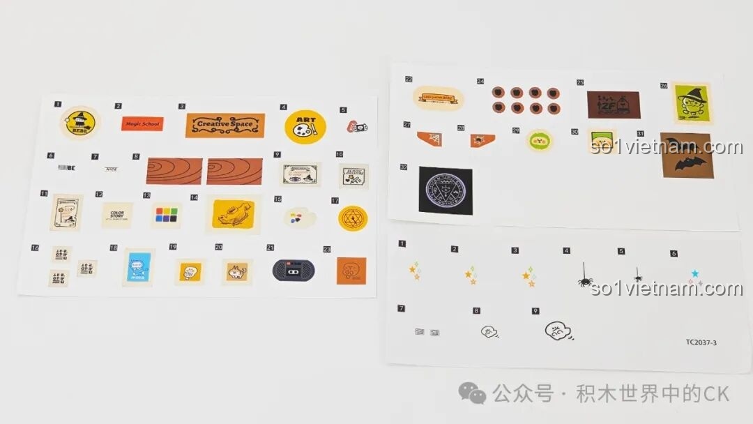 Tờ sticker của Lớp Học Nghệ Thuật TC2037 Học Viện Phép Thuật BEBE, với các họa tiết liên quan đến nghệ thuật và phép thuật.