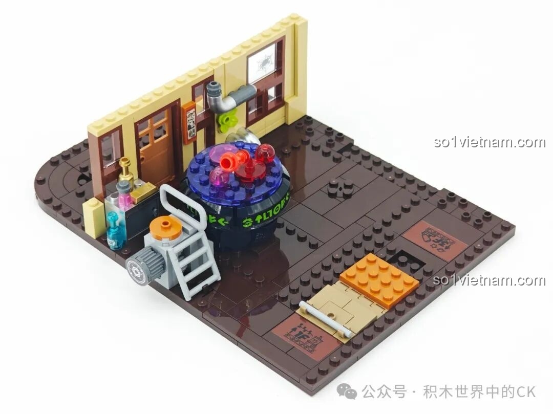 Phần nền móng đang được lắp ráp của Lớp Học Pha Chế Thuốc TC2038 Học Viện Phép Thuật BEBE, với chiếc vạc và các lọ thuốc.