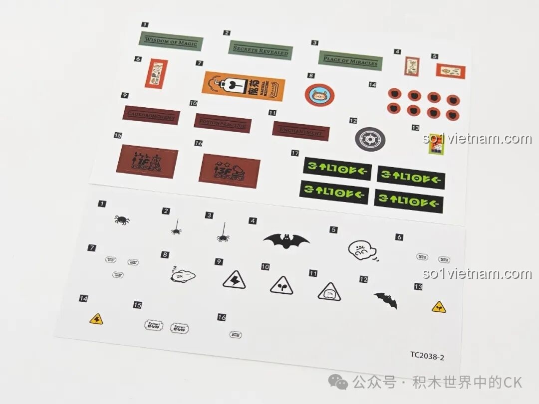 Tờ sticker của Lớp Học Pha Chế Thuốc TC2038 Học Viện Phép Thuật BEBE, với các biểu tượng cảnh báo và lọ thuốc.