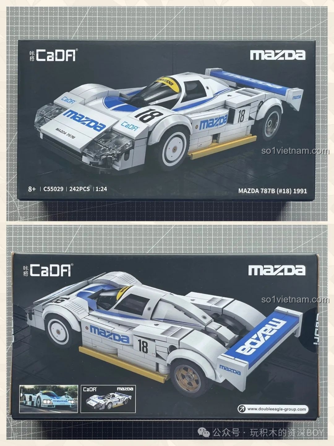 Hộp sản phẩm bộ lắp ghép CaDA C55029 Xe đua sức bền Mazda 787B với hình ảnh mô hình xe và thông tin chi tiết.