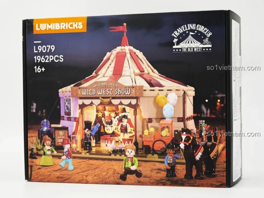 Hộp đồ chơi Gánh Xiếc Lưu Động Lumibricks L9079 với hình ảnh gánh xiếc rực rỡ dưới ánh đèn đêm, thu hút mọi ánh nhìn.