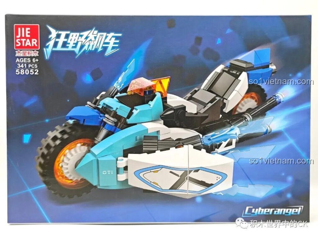 Mặt trước hộp bộ xếp hình Chiến xa Cyberangel JIESTAR 58052 cho trẻ 6 tuổi với hình ảnh mô hình xe moto màu xanh trắng.